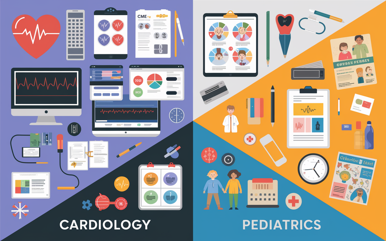 A split-screen illustration showcasing two distinct CME programs: one focused on cardiology, featuring heart models, EKG monitors, and dynamic presentations, and the other on pediatrics, adorned with colorful educational material, playful charts, and children’s health posters. Each side represents the specialized nature of CME learning, highlighting the relevance of the content to specific fields.