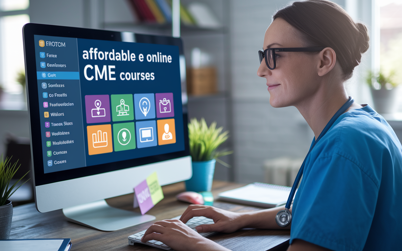 A healthcare professional at a computer, exploring a website filled with affordable and free online CME courses. The screen displays a list of accessible seminars, webinars, and podcasts with vibrant icons indicating various specialties. A relaxed and focused expression on the professional's face reflects the ease of accessing valuable education.