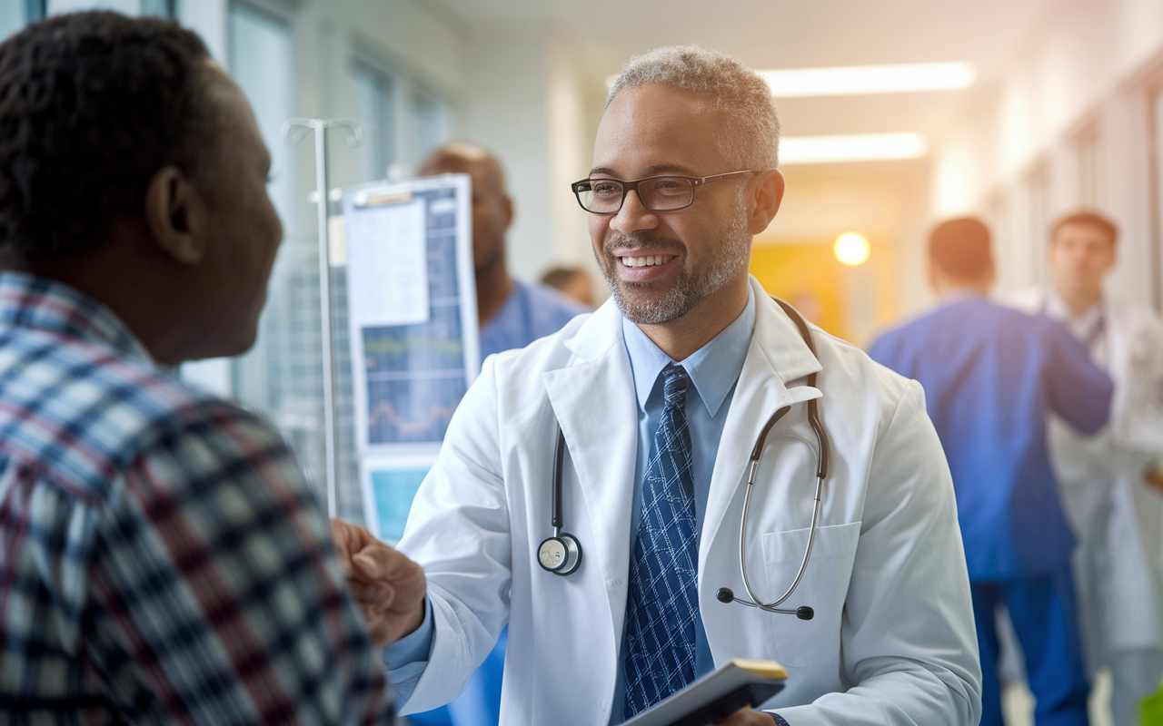 A busy hospital scene where a physician, equipped with new knowledge from recent CME, consults with a patient, showing compassion and professionalism. The doctor interacts positively with the patient, as diagnostic tools and medical charts are visible in the background. Warm lighting creates a caring atmosphere, emphasizing the direct link between CME and improved patient outcomes.