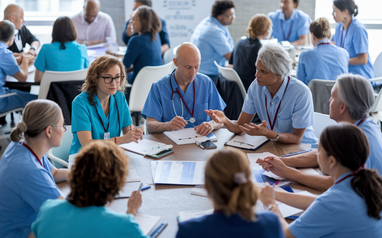 A diverse group of healthcare professionals, including nurses, pharmacists, and psychologists, engaged in a collaborative CME workshop. The setting is interactive, with discussions around a round table and shared resources. Visual aids and notes reflect a rich learning experience. The atmosphere is collaborative and inclusive, promoting lifelong learning.