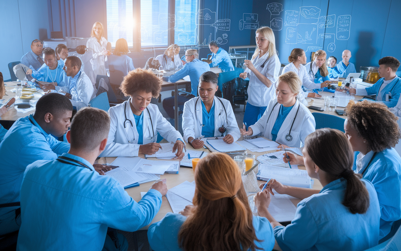 A vibrant CME workshop in progress, with healthcare professionals actively participating in case studies, simulations, and group discussions. Facilitators are guiding the activities, and various multimedia tools are used to enhance learning. The room is filled with energy and engagement, reflecting the effectiveness of interactive learning. A sense of camaraderie and shared purpose pervades the atmosphere.