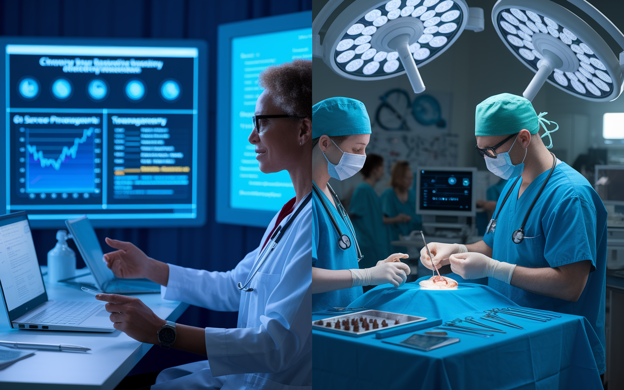 A split-screen visualization showing different healthcare professionals engaging in tailored CME courses. On one side, a primary care physician is attending a seminar on chronic disease management, with visual aids showcasing statistics and treatment options. On the other side, a surgeon is in a hands-on workshop demonstrating minimally invasive techniques, surrounded by surgical tools and models. The setting is bright and purposefully designed for learning, highlighting the diversity of medical education.