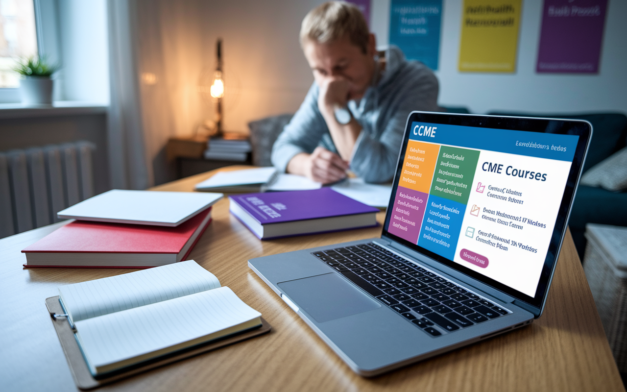 An individual is sitting at a desk in a cozy home office, surrounded by medical textbooks and a laptop open to a website listing various CME courses. The screen displays colorful course options, accreditation details, and instructional videos. A notepad filled with notes is beside them, and a supportive environment with motivational health posters on the wall enhances the academic focus. The lighting is warm and inviting, fostering a sense of calm and concentration.