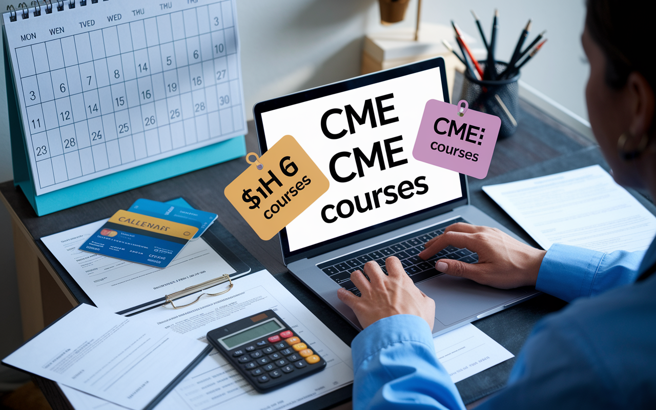 A healthcare professional is sitting at a desk with a laptop, reviewing different CME courses with price tags displayed on the screen. The desk is cluttered with financial documents, credit card statements, and a calculator, illustrating the budgeting process. A calendar on the wall highlights important deadlines for course registration. The lighting is bright and focused on the screen, emphasizing the analytical nature of the task at hand.