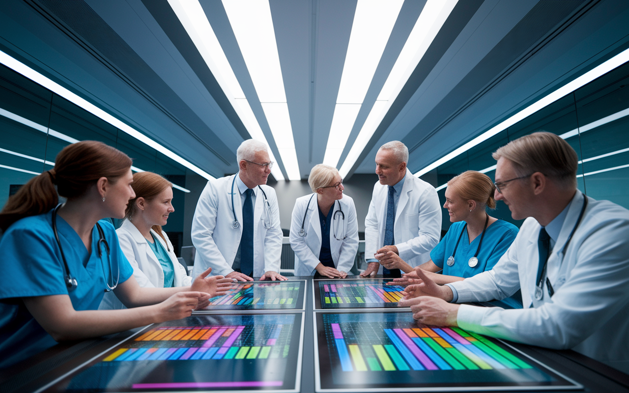 A diverse group of healthcare professionals, including physicians and nurses, engaged in a collaborative meeting in a modern hospital conference room. They are discussing patient care strategies, with colorful charts and digital displays illustrating advanced treatment options. The atmosphere is dynamic and vibrant, filled with the exchange of ideas and enthusiasm. Bright overhead lights illuminate the room, enhancing a sense of teamwork and professionalism while emphasizing the importance of CME in improving patient care.