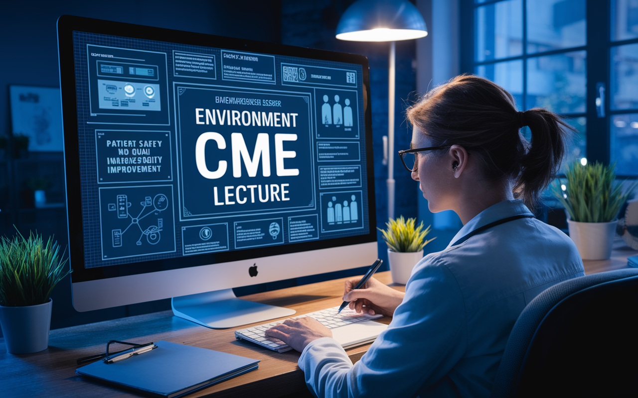 An engaging digital learning environment depicting a virtual CME lecture. The screen is filled with informative slides and diagrams related to patient safety and quality improvement, while a participant takes notes eagerly. The room is dimly lit, focused on the computer's bright display, creating a cozy yet intellectually stimulating atmosphere. Emphasizing the new norms in healthcare education, this setting illustrates the modern approach towards continuing medical education.