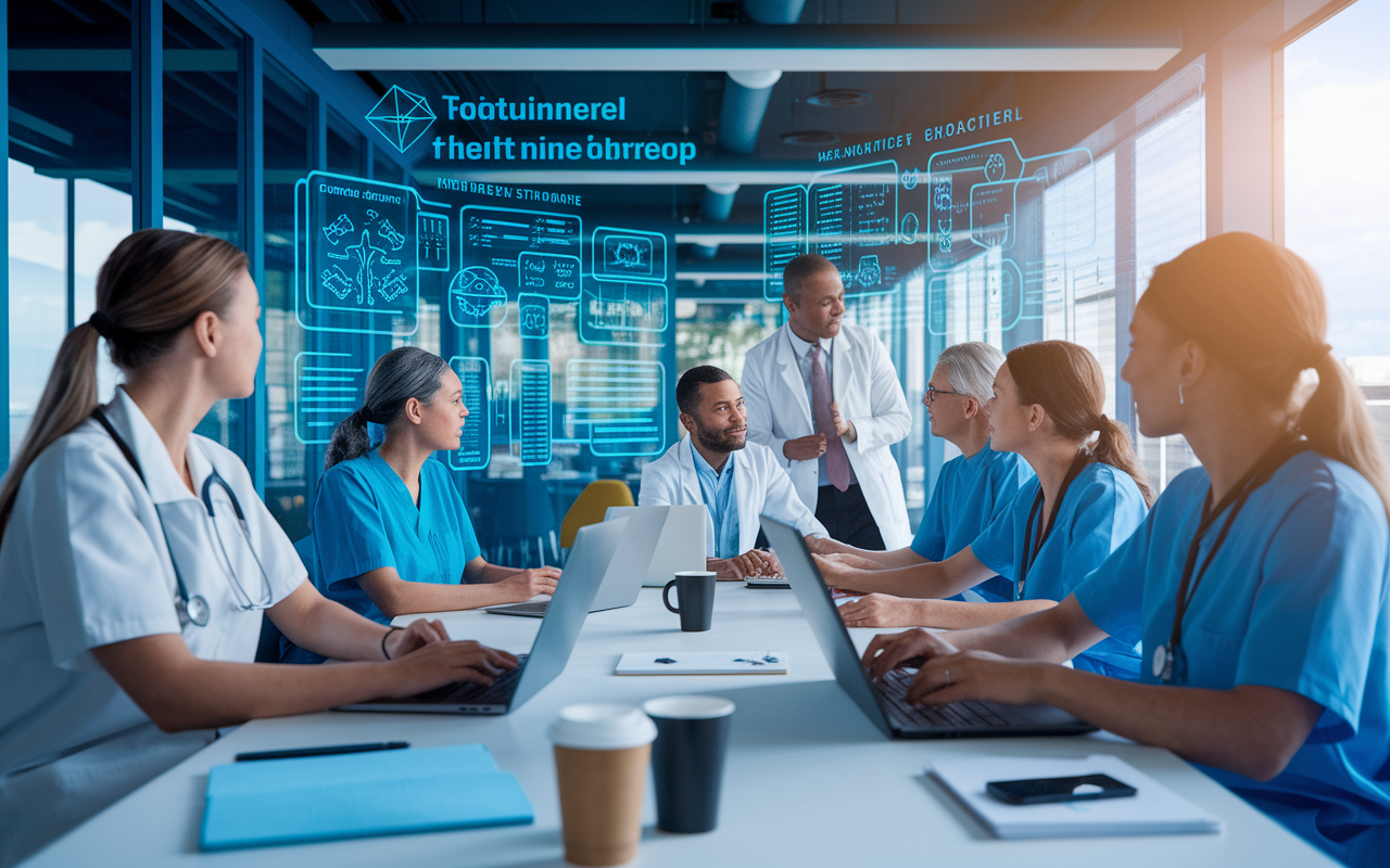 A modern medical education space featuring a diverse group of healthcare practitioners engaged in an interactive online CME workshop. The room is filled with advanced technology, digital screens displaying medical diagrams, and enthusiastic participants sharing ideas. Bright, inspiring natural light filters in from large windows, creating an atmosphere of collaboration and learning. Include elements like laptops, notepads, and coffee mugs, conveying both focus and energy.