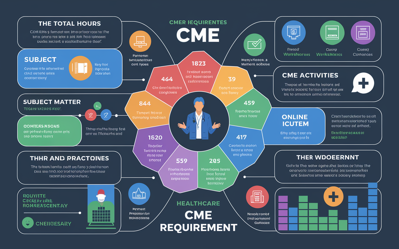 An informative infographic illustrating the various CME requirements for healthcare practitioners. Include sections highlighting the total hours required, subject matter categories, and types of CME activities such as online courses, workshops, and conferences. Use bright colors, engaging icons, and a structured layout to aid visual understanding, with elements that grab the viewer's attention and convey important information clearly.