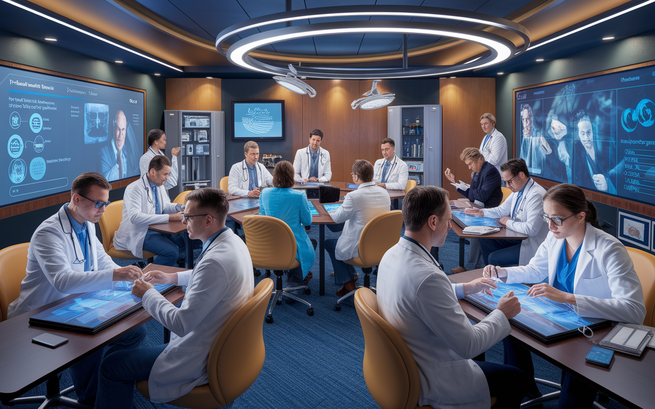 An interactive CME workshop scene, with physicians actively participating in role-playing simulations. Illustrate various medical professionals in an elegantly designed training room with state-of-the-art equipment. Use vivid colors, focused expressions, and detailed features that capture the engagement and learning process. Include visual aids like charts and models to emphasize the educational context.