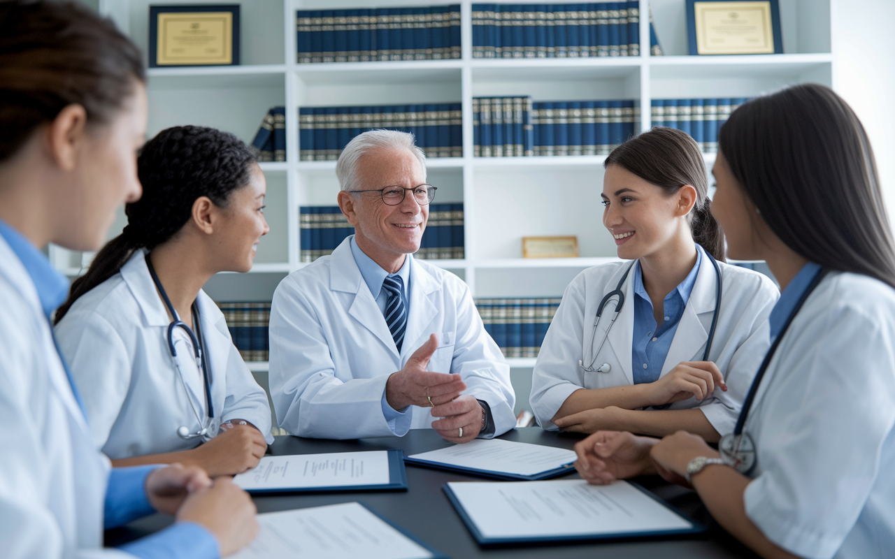 A warm and inviting mentoring session between a senior physician and medical students. Set in a well-lit, modern office adorned with medical books and diplomas, the senior physician is sharing insights while guiding the students through a complex case study. Capture expressions of curiosity and attentiveness on the faces of the students, with a focus on collaboration and imparting knowledge.