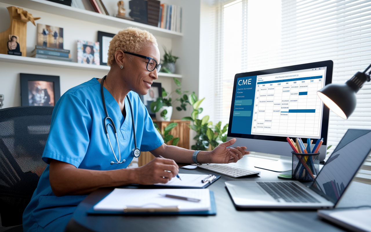 A healthcare practitioner at a desk reviewing their CME requirements and licensure documentation. The office is filled with personal touches, like family photos and medical textbooks. The computer screen displays a digital CME tracking tool, while a calendar is visible with marked deadlines. Illustrate a sense of earnestness and responsibility, highlighting the importance of compliance in a vibrant professional setting.