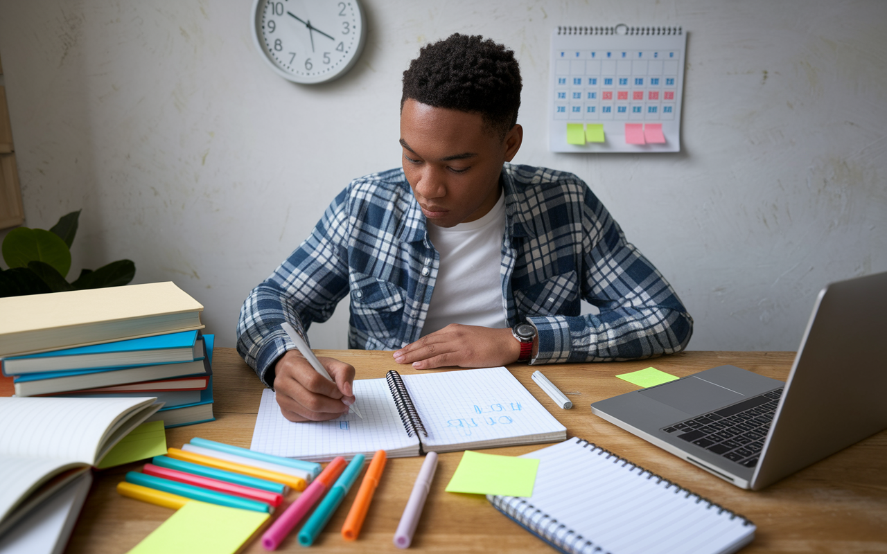 A focused student in casual attire sits at a wooden desk surrounded by textbooks, notes, and a laptop, meticulously drafting a structured study plan on a notepad. The desk is cluttered with colored markers and sticky notes. A wall clock shows early morning hours, with a calendar marked with study goals and deadlines. The student displays determination, indicating the intense focus on getting prepared.