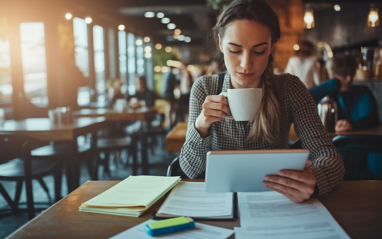 A young woman sits in a cozy coffee shop, intently reading a challenging article on her tablet while sipping a latte. The cafe is warm and inviting, with rustic decor, and background chatter creating a lively atmosphere. Notes and a highlighter are spread across the table as she occasionally pauses to reflect on the material. Soft sunlight filters through the window, enhancing the focus on her thoughtful expression.