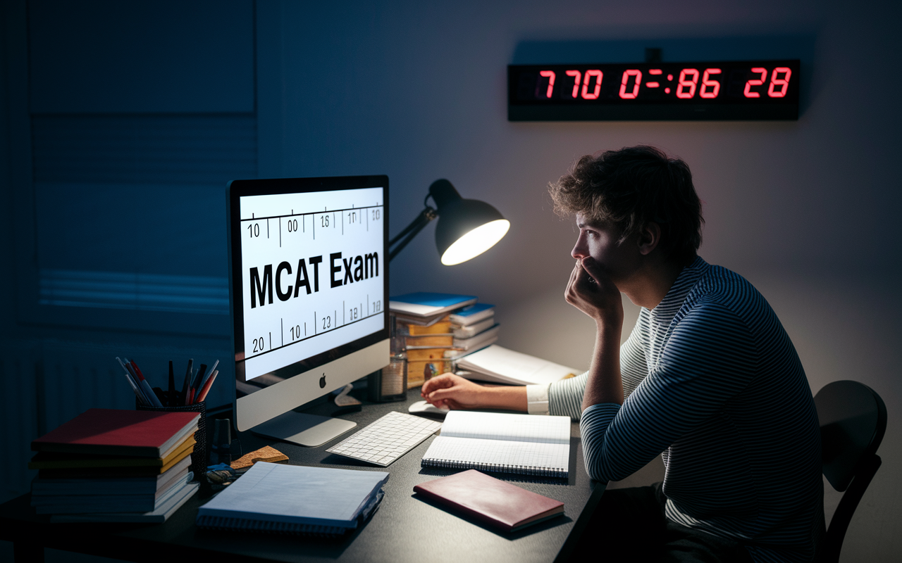 An anxious student sits at a desk at home, surrounded by notes and textbooks, intensely focused on a computer screen displaying a practice MCAT exam. A timer on the wall counts down ominously, adding a sense of urgency. The room is dimly lit with a single lamp, mixing shadows and serious concentration, showcasing the pressure of exam preparation.