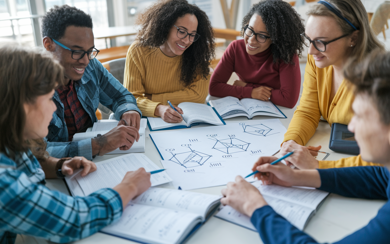 A diverse group of students gathers around a table, each contributing to a vibrant discussion while referencing textbooks and digital devices. Diagrams of biological systems and chemical equations are sketched on paper. The atmosphere is collaborative, with expressions of enthusiasm and engagement as they teach and learn from each other.