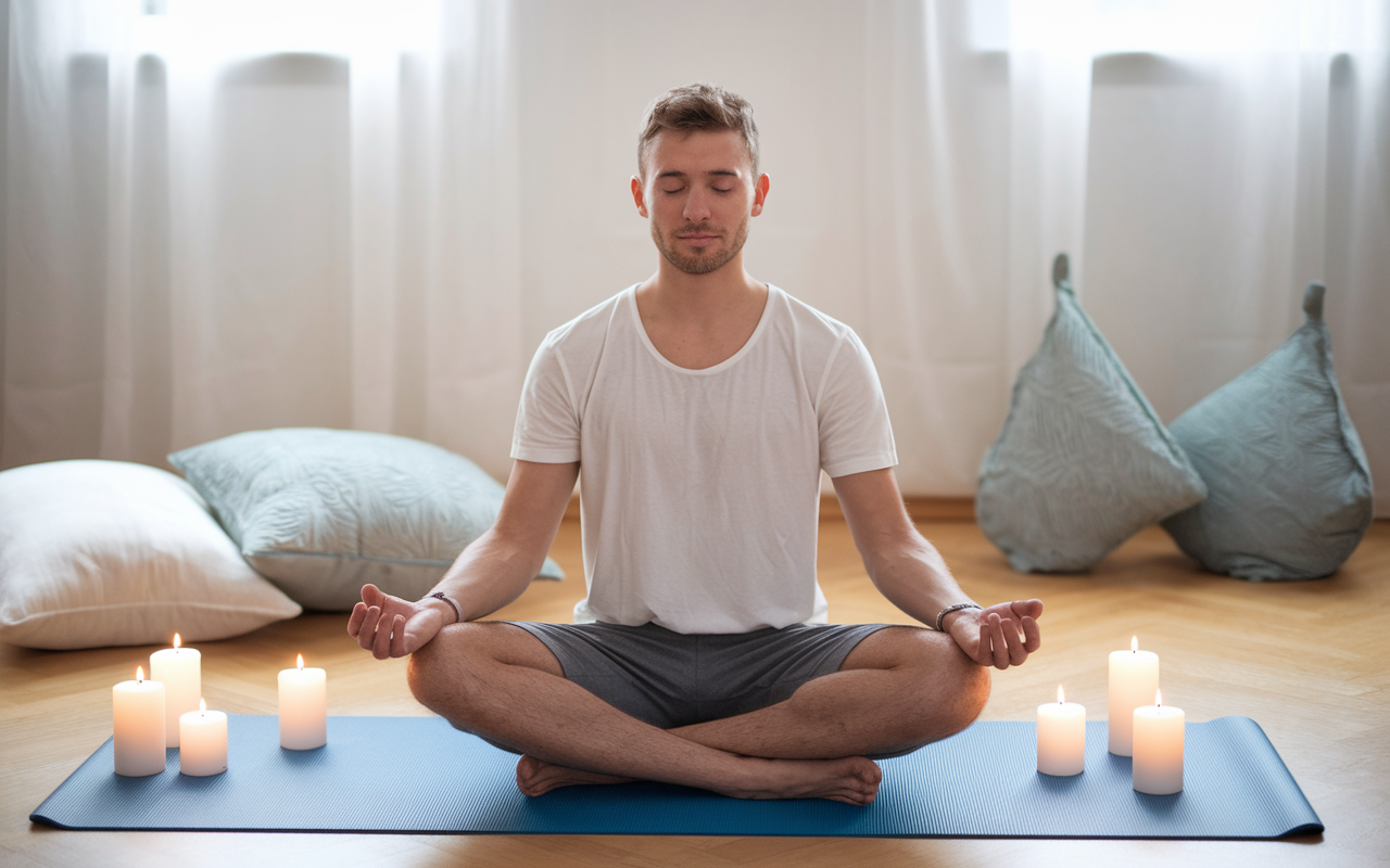 A serene indoor space where a young man practices mindfulness techniques, sitting cross-legged on a yoga mat surrounded by candles and soft pillows. His eyes are closed, and he appears calm, with soft natural light filtering in through a window, evoking a peaceful atmosphere as he meditates to ease anxiety.