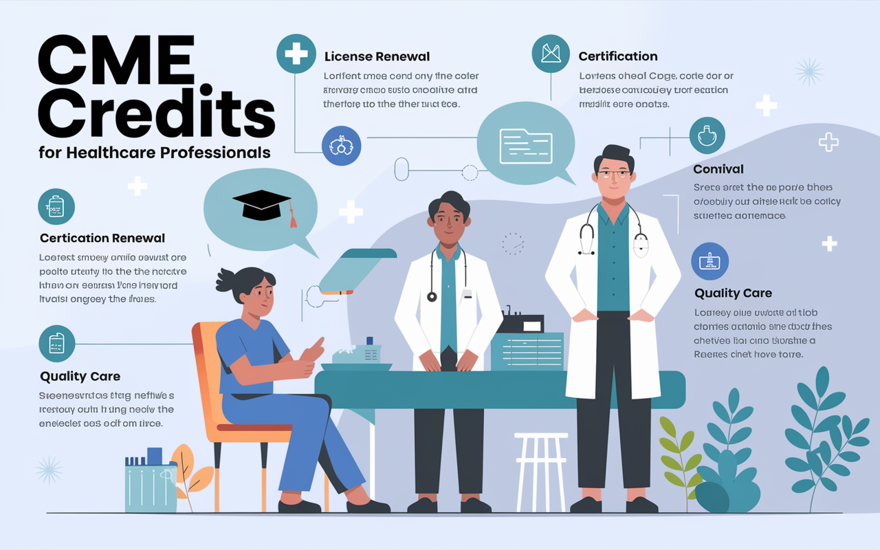 An educational infographic detailing the importance of CME credits for healthcare professionals. The background features a stylized, soft-focus medical environment, with text elements highlighting aspects like License Renewal, Certification Maintenance, and Quality of Care. Icons representing medical tools, graduation caps, and patient care convey the message effectively. Bright, engaging colors help make the information accessible while keeping a professional tone.