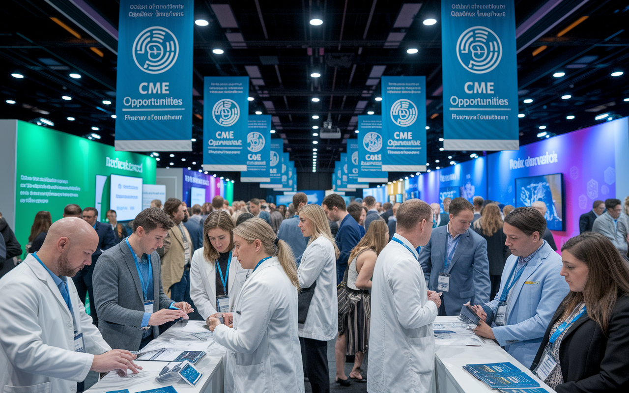 A vibrant scene at a medical conference showcasing a diverse group of physicians engaged in discussions, with banners reading 'CME Opportunities' in the background. Participants are at various booths featuring interactive presentations and hands-on training. Bright lighting, a dynamic atmosphere, and an exchange of ideas amongst professionals convey a commitment to continuous learning and improvement.