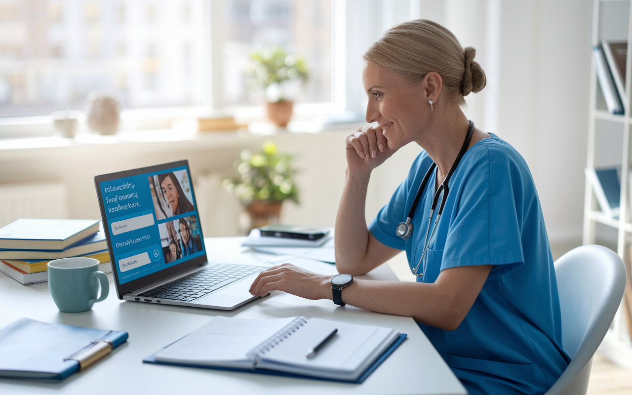 A healthcare professional sitting at a modern desk, engaged in an online CME course on a laptop. The room is bright and organized, with medical textbooks and notes scattered around. A coffee mug sits nearby, and the screen displays a vibrant interface of an online learning platform with educational videos and quizzes. A sense of focused learning is conveyed, emphasizing the convenience and accessibility of modern CME opportunities.