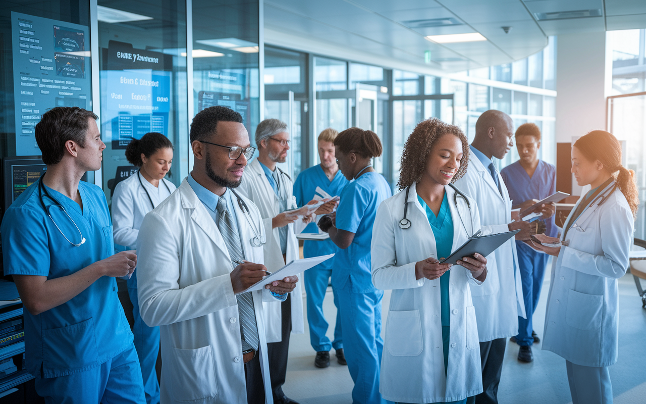 A dynamic scene in a modern hospital setting, highlighting a group of physicians engaged in a CME seminar. The room is filled with natural light, and the walls display medical charts and technology. Physicians of various backgrounds interact and take notes, absorbed in learning about the latest medical advancements. The atmosphere is energetic and collaborative, conveying the excitement of continuous learning and professional growth in medicine.