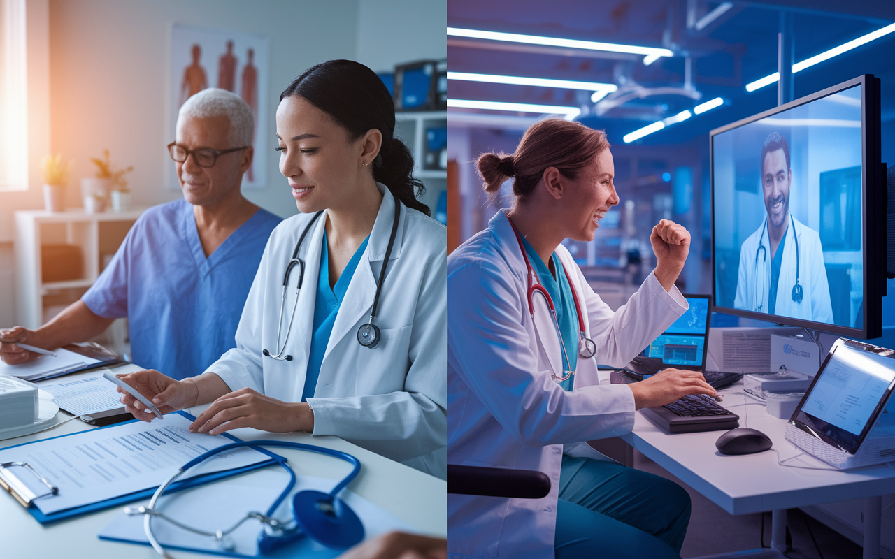 A split-screen visual showcasing two physicians at work: the left side features a family medicine physician implementing new chronic disease management protocols with a patient, surrounded by medical devices and charts. The right side displays an emergency physician excitingly engaging in a telemedicine consultation with a patient on a large screen. The atmosphere is vibrant, filled with warmth, a blend of clinical and digital environments, illustrating the real-world impact of CME.