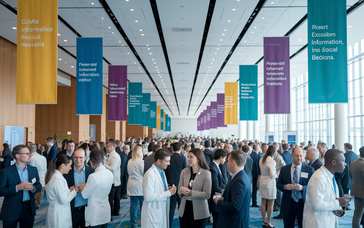 A lively CME networking event in a spacious conference hall where physicians from different backgrounds engage in discussions. Colorful banners promote various specialties and medical innovations. The room is buzzing with excitement, showcasing informal groups sharing ideas, exchanging contact information, and forming new collaborations. The lighting is bright and inviting, emphasizing the collaborative spirit of the medical community.