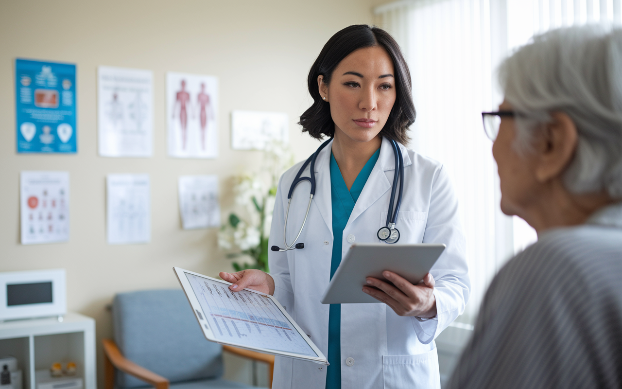 Dr. Samantha Lee, a focused family medicine physician, stands in her clinic. She is consulting with an elderly patient, using charts and a tablet to explain new diabetes management strategies. The room is bright and welcoming, with medical posters on the walls and the patient appearing engaged and reassured. This comforting scene highlights her successful application of CME knowledge in improving patient care.