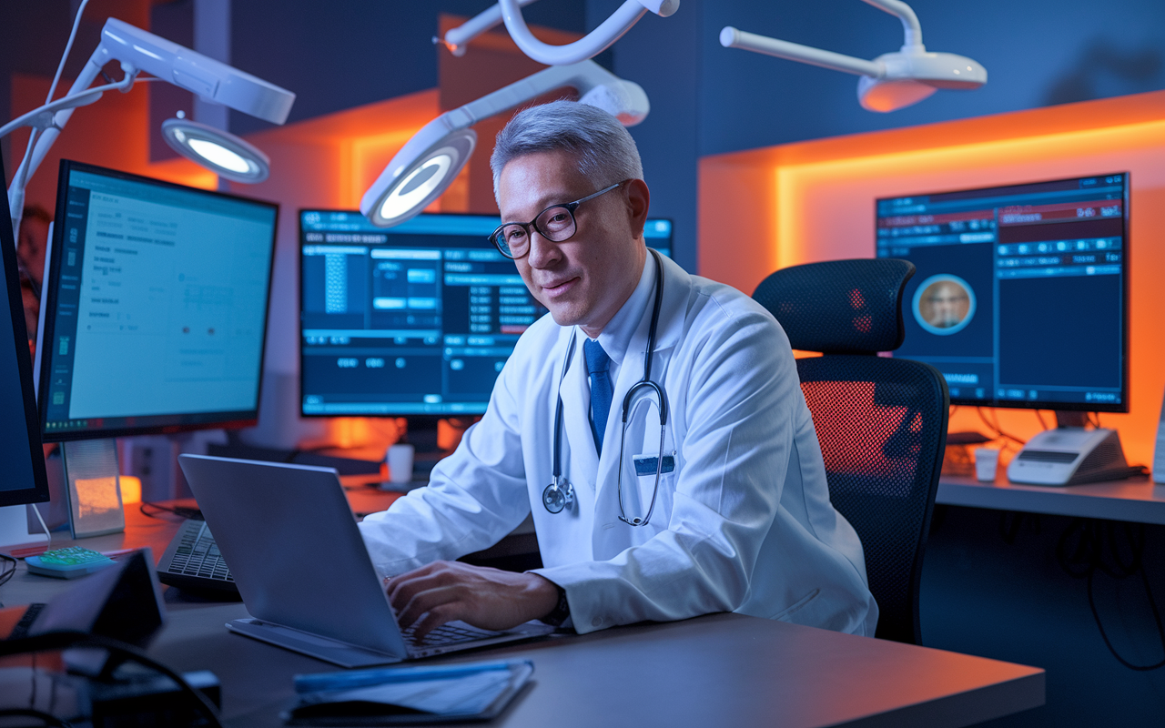 Dr. Michael Chen, an emergency room physician, is in a modern office setting, working on establishing a telehealth service. He is surrounded by screens showing patient data and a video conferencing setup. The atmosphere is filled with energy and innovation, showcasing his enthusiasm for telemedicine and improved patient care access. Warm lighting highlights the modern technology that enables remote healthcare.