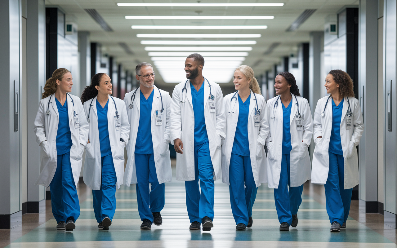 A group of diverse physicians walking confidently together through a bustling hospital corridor, embodying the future of medicine. They are engaged in conversation, symbolizing collaboration and innovation prompted by CME. The bright lighting reflects their optimism and professionalism, suggesting a shared commitment to continuous learning and career advancement.