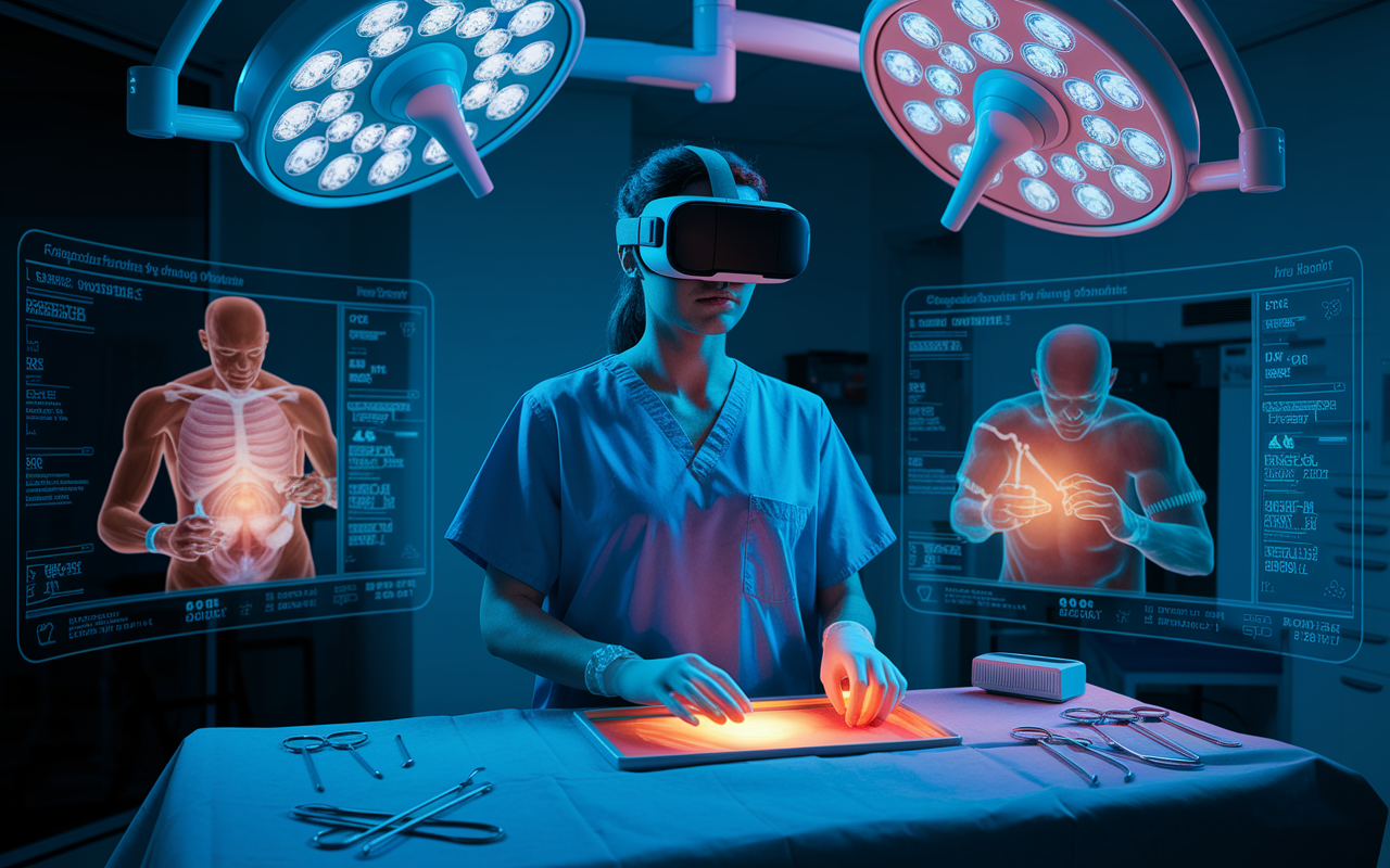 A medical professional wearing a VR headset is immersed in a virtual surgical training environment, surrounded by lifelike holographic medical equipment and patient simulations. The room is dimly lit, focusing on the bright and colorful holograms. Captivating visuals depict an intricate surgical procedure with detailed anatomical features, creating a sense of realism. The professional displays concentration as they navigate this innovative training tool, showcasing the future of medical education.