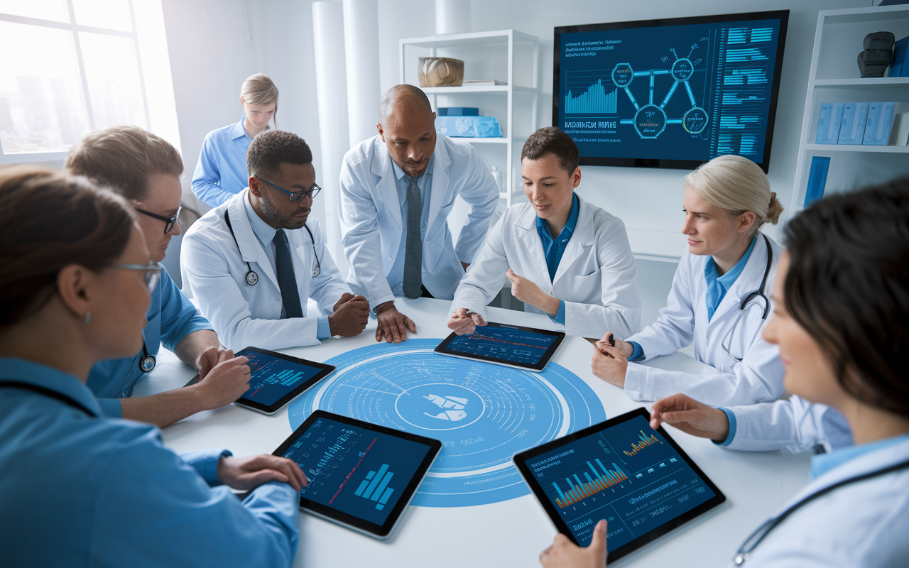 A diverse group of healthcare professionals, including doctors, nurses, and pharmacists, gather around a high-tech collaborative workspace. They are engaged in an interactive discussion, with digital tablets displaying patient data and treatment plans. The room is bright and modern, filled with a sense of teamwork and shared purpose. Charts and graphs on a large screen illustrate collaborative problem-solving strategies, symbolizing the importance of interprofessional education in enhancing patient care.