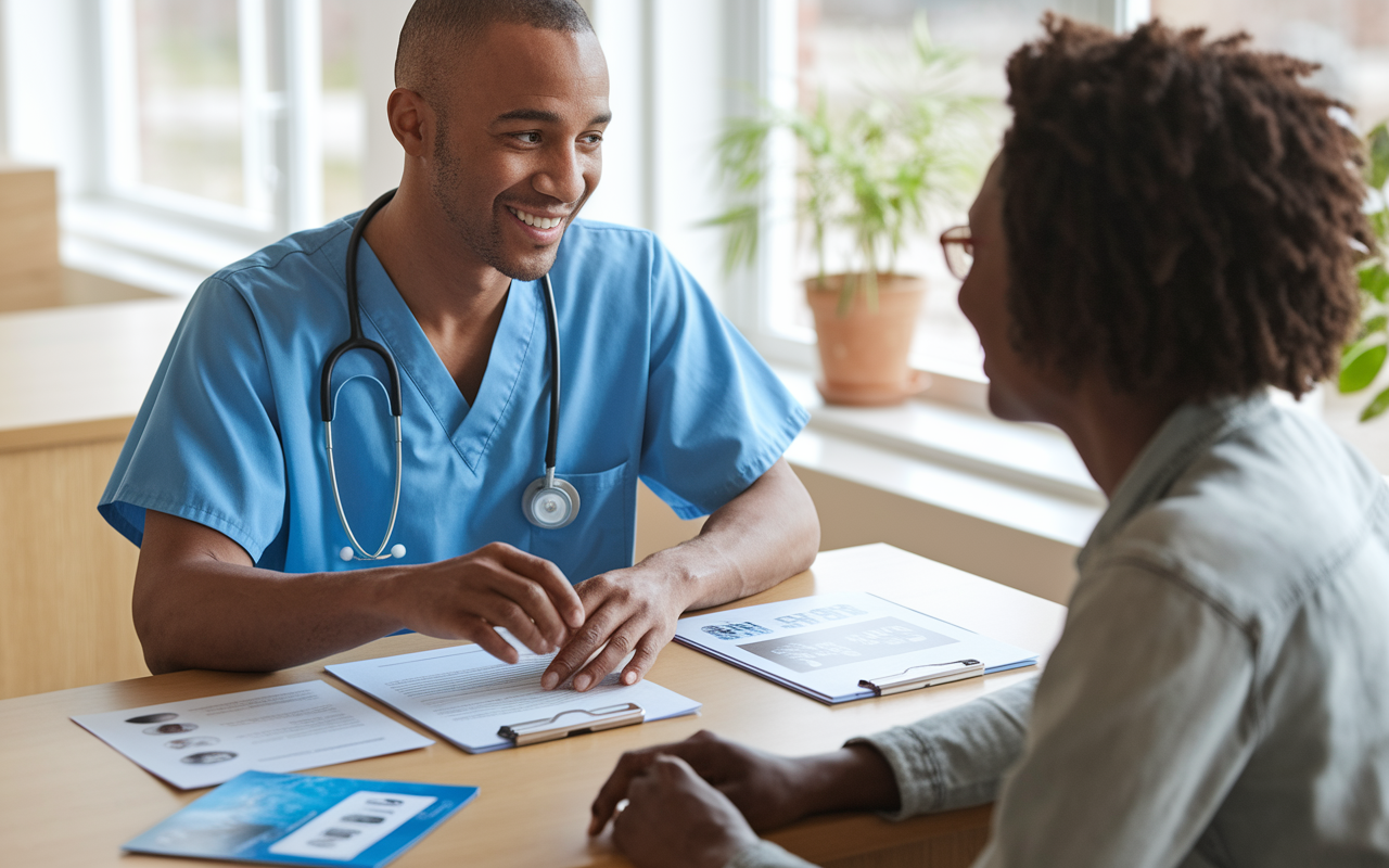 A compassionate healthcare provider interacts with a diverse patient in a bright, welcoming clinic. The provider is demonstrating active listening, with patient education materials on the table, including brochures and visual aids about treatment options. The scene conveys warmth and understanding, emphasizing the importance of communication and empathy in care. Natural light floods the room, enhancing the focus on the relationship between the provider and patient, representing the essence of patient-centered CME.