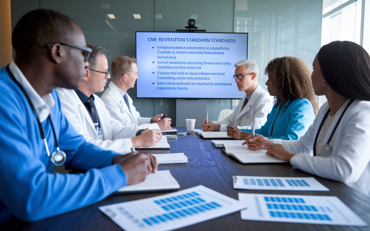 A formal meeting setting where healthcare professionals are reviewing accreditation standards for CME programs. The setting is well-lit with a large presentation screen displaying key points about quality standards in education. Participants are actively discussing and taking notes, reflecting their commitment to ensuring high-quality educational experiences. Charts and checklists about accreditation criteria lie on the table, showcasing the importance of quality assurance in the CME landscape.