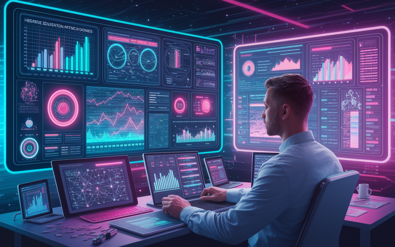 A data analyst works in front of large screens filled with complex data visualizations related to healthcare education and outcomes. The environment is tech-savvy and futuristic, with bright neon colors illuminating the data metrics and outcomes, showing the integration of analytics into CME. The analyst appears focused and engaged, symbolizing the crucial role of data-driven insights in tailoring educational programs for healthcare professionals.