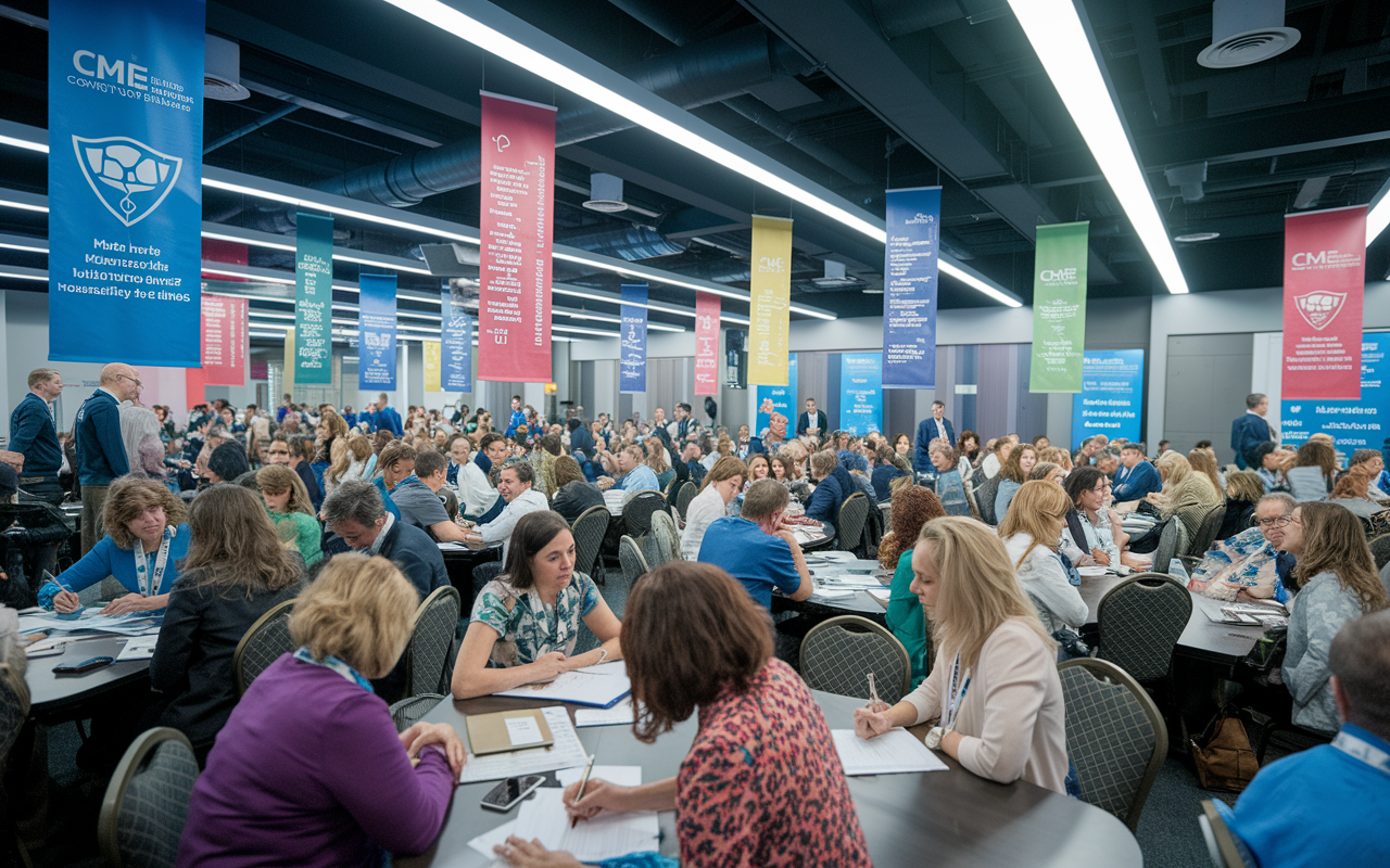 A bustling CME conference scene with healthcare professionals attending engaging workshops and lectures. The room is filled with diverse attendees actively participating, taking notes, and networking. Various banners related to medical education and health topics hang on the walls. Bright fluorescent lighting enhances the lively atmosphere, conveying excitement and dedication to learning in the medical community.