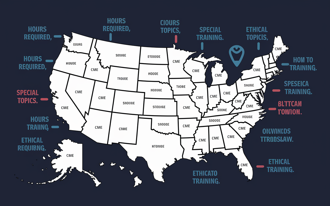 A detailed map of the United States with each state color-coded to represent specific CME requirements. Arrows and icons symbolize key categories like 'hours required,' 'special topics,' and 'ethical training.' The visual should capture the complexity of CME regulations visually, framed with a modern graphic style to blend education and design. The image should evoke a sense of clarity amidst regulatory complexity.