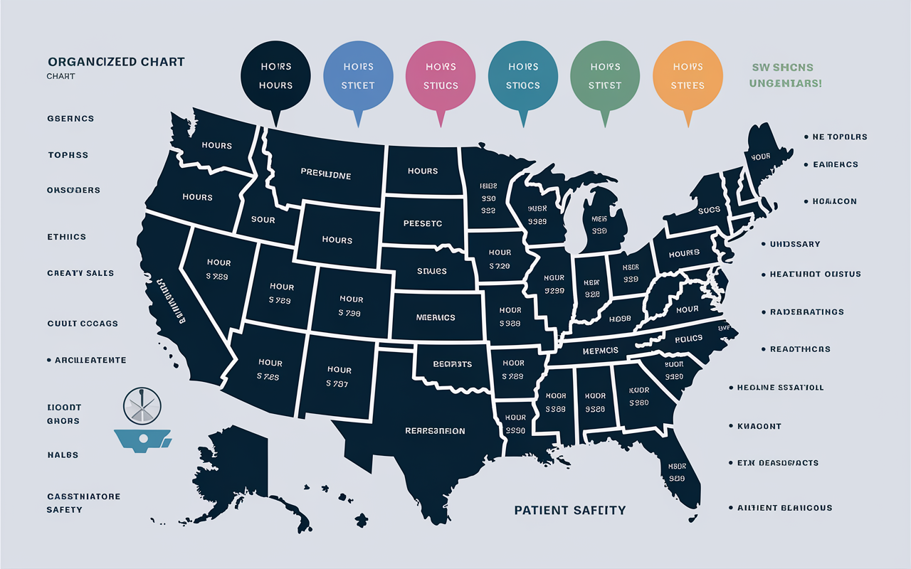 An organized chart showcasing various states and their specific CME requirements in terms of hours and topics. The chart should incorporate icons for visual representation, such as clocks for hours and themed icons for topics like ethics and patient safety. The design should be clean, easy to read, and visually engaging, assisting healthcare providers in quickly understanding their state regulations.