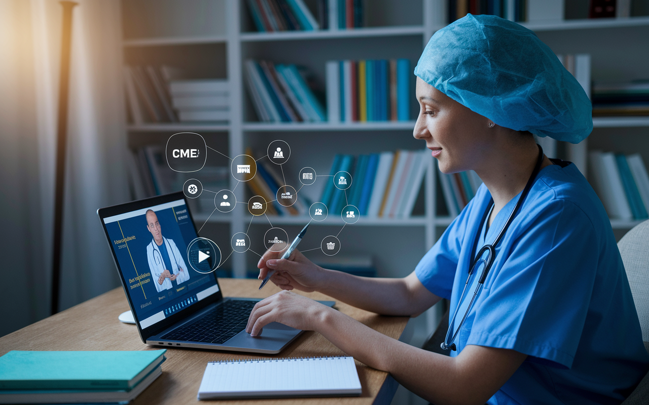 A healthcare professional, sitting at a cozy desk, engaging with an online CME course on a sleek laptop. The room is softly lit, with shelves of medical books in the background, evoking a sense of focus and self-improvement. A notepad and pen are nearby, with the screen displaying a video of a knowledgeable lecturer and interactive elements, representing the modern approach to continued medical education.