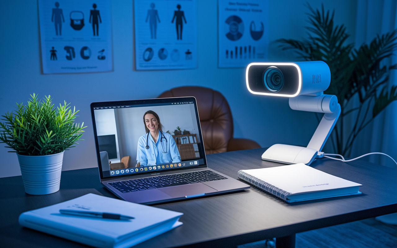 A well-organized home office setup for healthcare education, showcasing modern telehealth equipment like a laptop with a video conferencing application open, a high-quality webcam, and medical textbooks on the desk. The work area has a potted plant and a comfortable chair, illuminated by soft ambient light, emphasizing a professional yet cozy environment. Charts and diagrams related to medical education are visible on the walls, creating an atmosphere conducive to learning and technology.