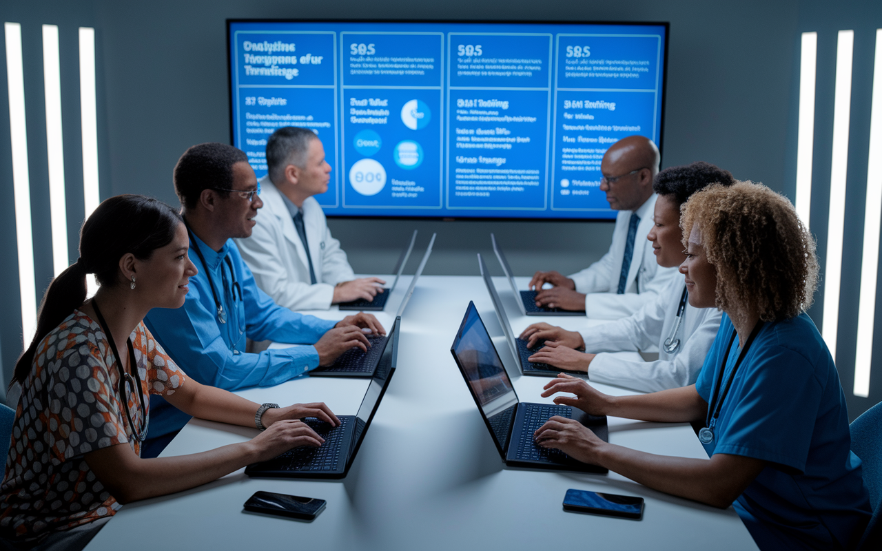 A virtual meeting scene featuring healthcare providers looking engaged on their screens during an interactive telehealth CME session. The participants' diverse demographic backgrounds are evident, showcasing various cultural attires and detailed knowledge sharing. Bright, professional backgrounds with soft studio lighting create an inspiring learning atmosphere. The screen displays informative slides with vital statistics and training modules, symbolizing the blending of technology and healthcare education.