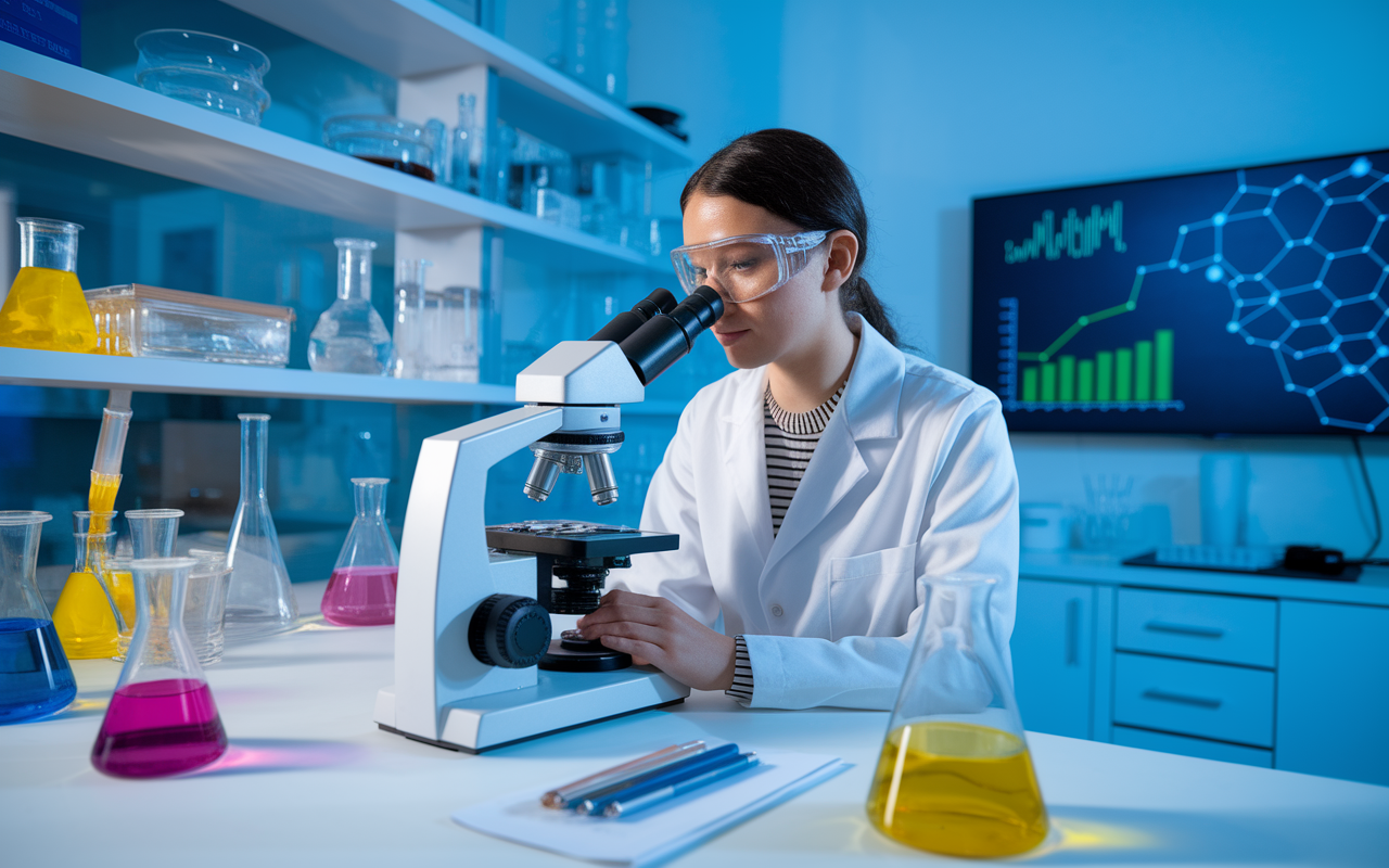 A young woman PhD candidate in a modern laboratory, wearing a lab coat and safety goggles, peering into a microscope with focused determination. The lab is filled with vibrant colors; shelves lined with various scientific instruments, glassware, and research materials. A large screen displays digital graphs and molecular structures in the background, hinting at innovation and discovery. Bright but controlled lighting emphasizes the academic rigor of research.