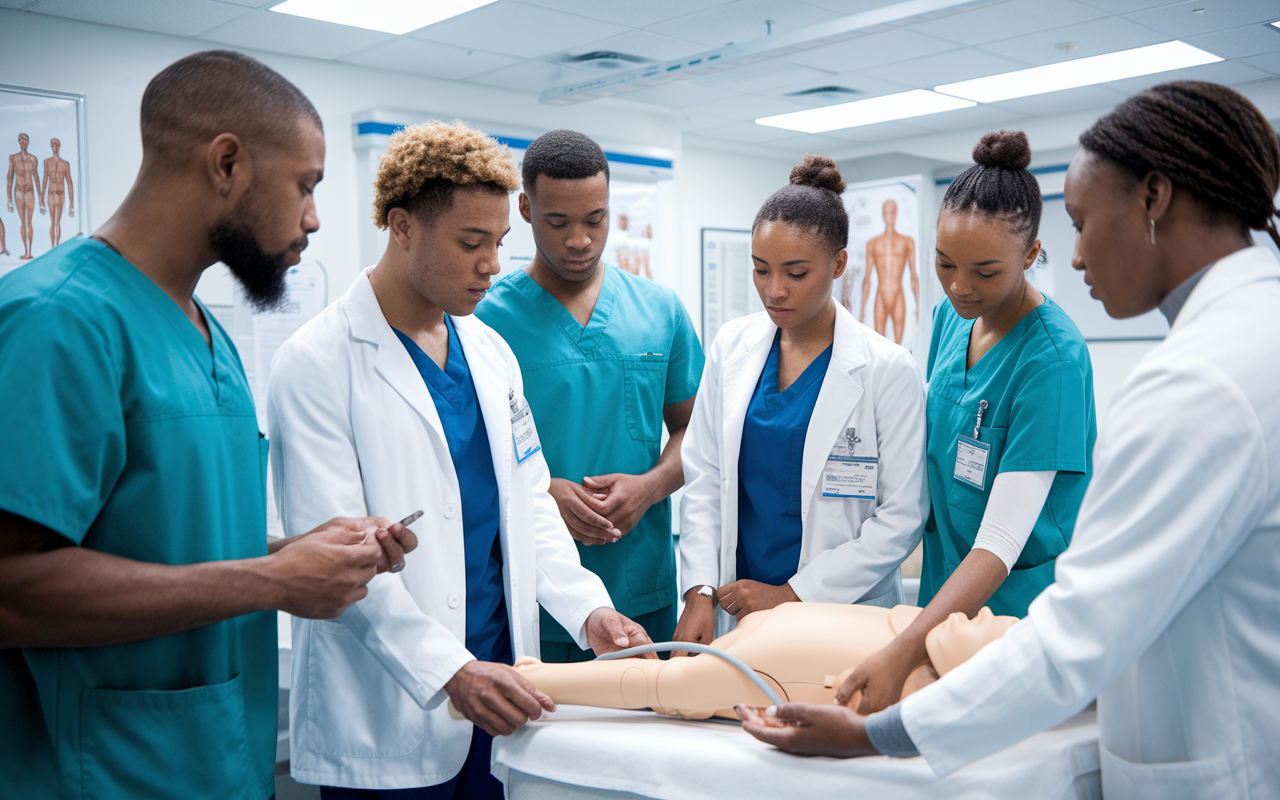 A group of diverse medical students wearing scrubs and white coats in a hospital training room, engaged in a hands-on clinical skills session. One student is practicing taking blood pressure on a simulation mannequin while others observe and discuss with each other. The environment is bright and clinical, with medical equipment and anatomical charts visible, conveying the intensity and collaboration in medical education.