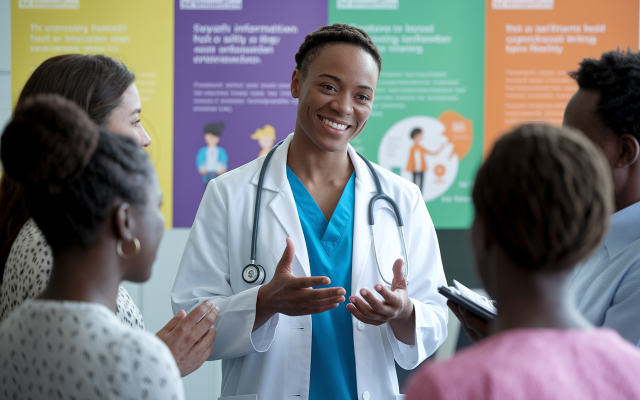 A confident MD physician at a public health event, discussing health initiatives with a diverse group of community members. The atmosphere is warm and engaging, showcasing a sense of collaboration and care. Colorful informational posters about health awareness are displayed in the background, and the physician wears a smile as they interact with attendees, embodying the key role of doctors in the community.