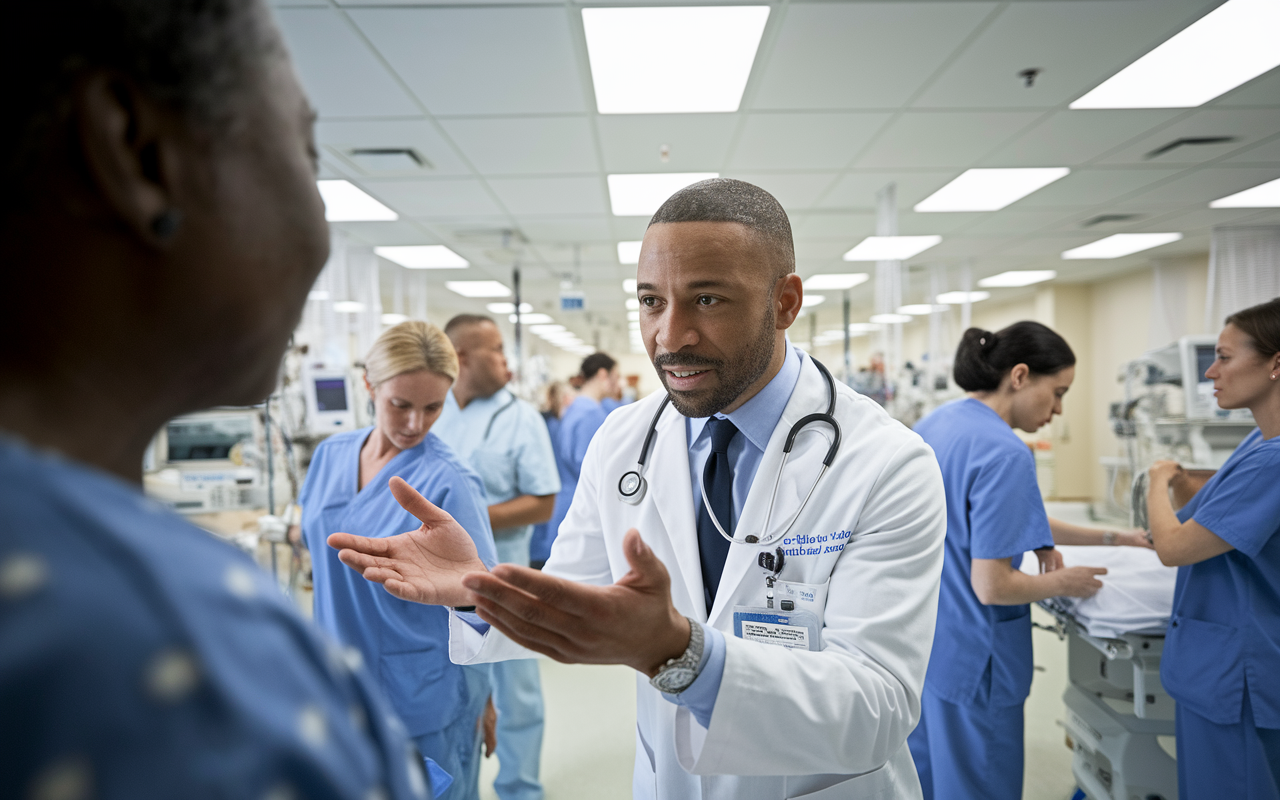 A busy hospital scene capturing an MD physician in action, closely interacting with a patient. The doctor, with an empathetic expression, is explaining a treatment plan while nurses and other medical staff tend to various duties in the background. Bright overhead lights illuminate the clean, modern hospital room filled with medical equipment, promoting a sense of urgency and compassion in patient care.