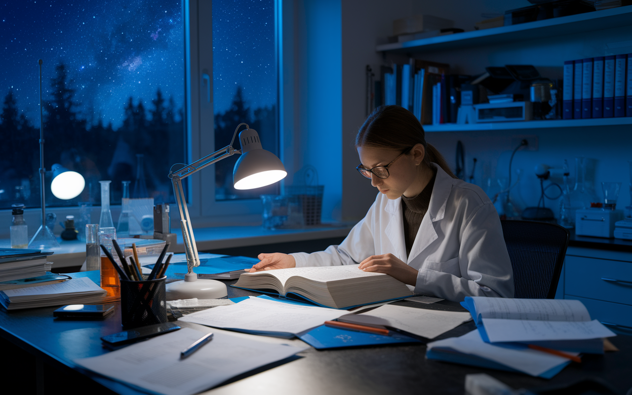 A captivating image of a PhD student working late at a cluttered desk in a university lab. The room is filled with scientific equipment, books, and papers scattered about. The student, a young woman with glasses, is intently reading from a thick textbook, illuminated by the soft glow of a desk lamp. Outside the window, a starry night sky reflects the late hours of study, capturing the essence of dedication and scholarly pursuit.