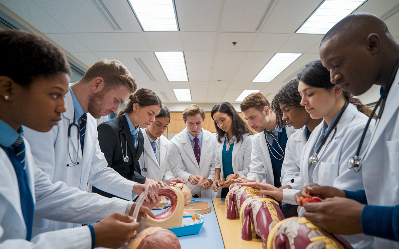 A dynamic scene inside a medical school classroom with students actively participating in a hands-on anatomy lab. A diverse group of students, both genders and various ethnicities, are gathered around a dissection table, examining models of the human body. Bright overhead lights illuminate the focused faces of the students, showcasing their determination to master complex concepts. Vivid visuals of anatomical models and medical equipment enhance the educational atmosphere.