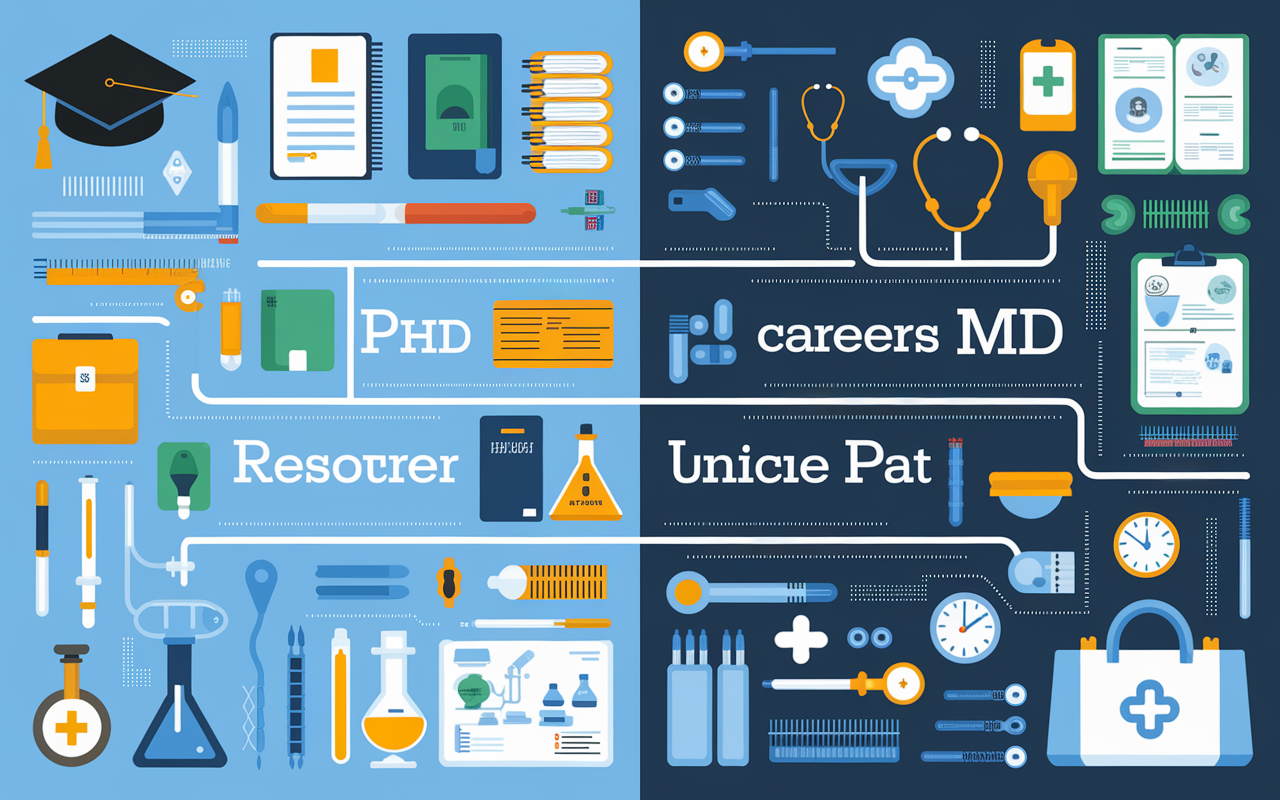 An infographic-style image split between two distinct pathways. On the left, visual elements such as lab equipment, academic journals, and a graduation cap represent a PhD career path in research and academia. On the right, visual elements depicting stethoscopes, patient charts, and a medical bag showcase an MD career path in medicine. The image is filled with graphics that interconnect the different career opportunities in both fields, highlighting their unique aspects.