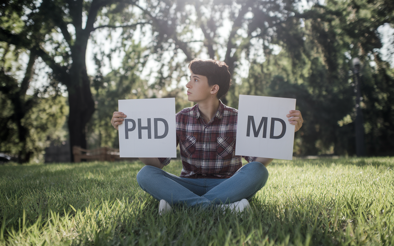 A reflective scene capturing a student sitting in a serene park, contemplating their future career as they hold a split sheet of paper labeled 'PhD' and 'MD' in each hand. Dappled sunlight filters through the trees, creating a dreamlike quality. The student, a thoughtful young individual, gazes into the distance, lost in contemplation, surrounded by nature, evoking a moment of deep personal reflection.