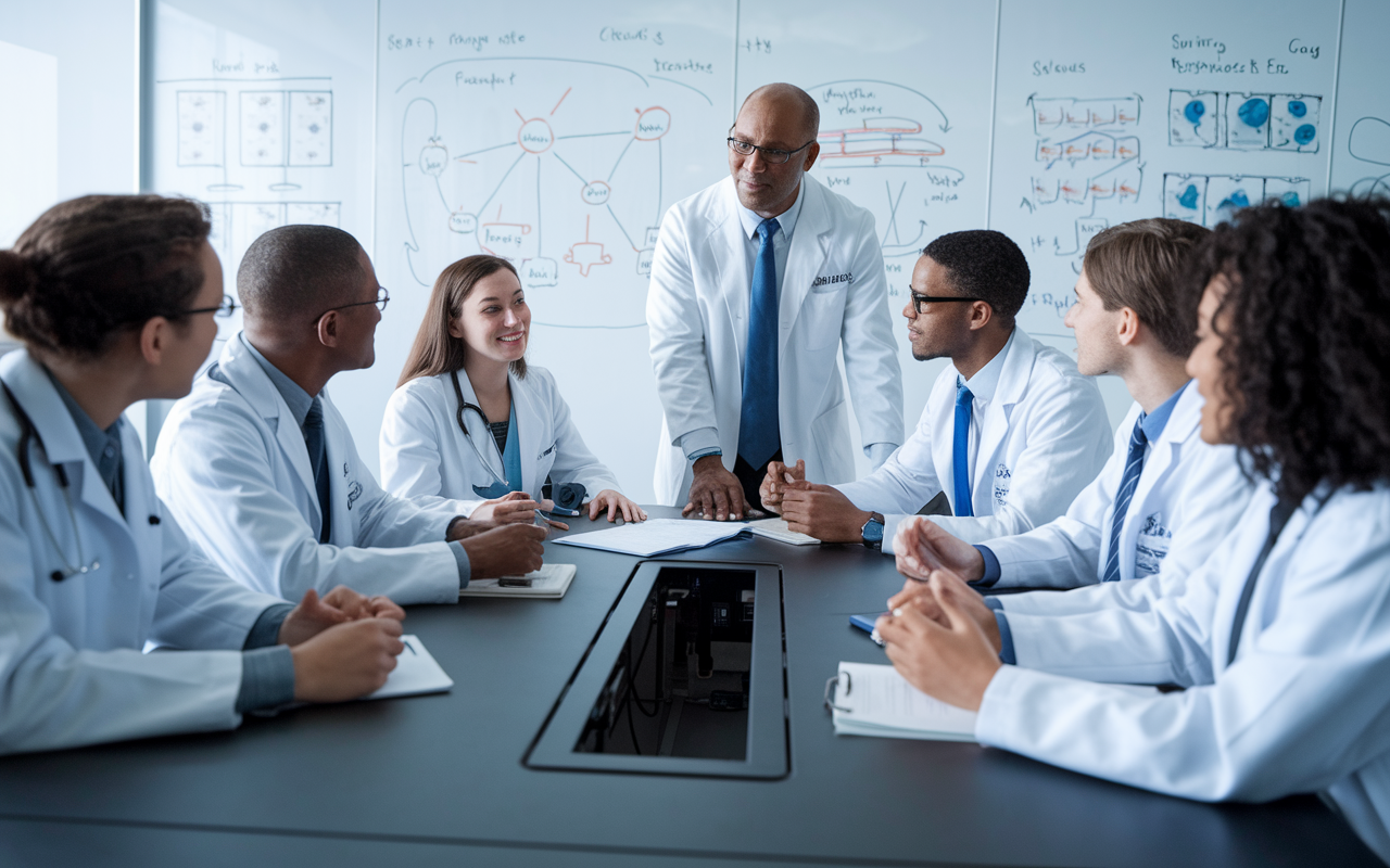 A compelling depiction of a collaborative environment in an academic medical center where MD-PhD students are engaged in a research meeting. A diverse group of students and mentors gather around a high-tech conference table, discussing a research project with lively expressions. Whiteboards filled with diagrams and medical data in the background indicate a blend of clinical insights and research focus, creating a synergistic atmosphere of learning and innovation.