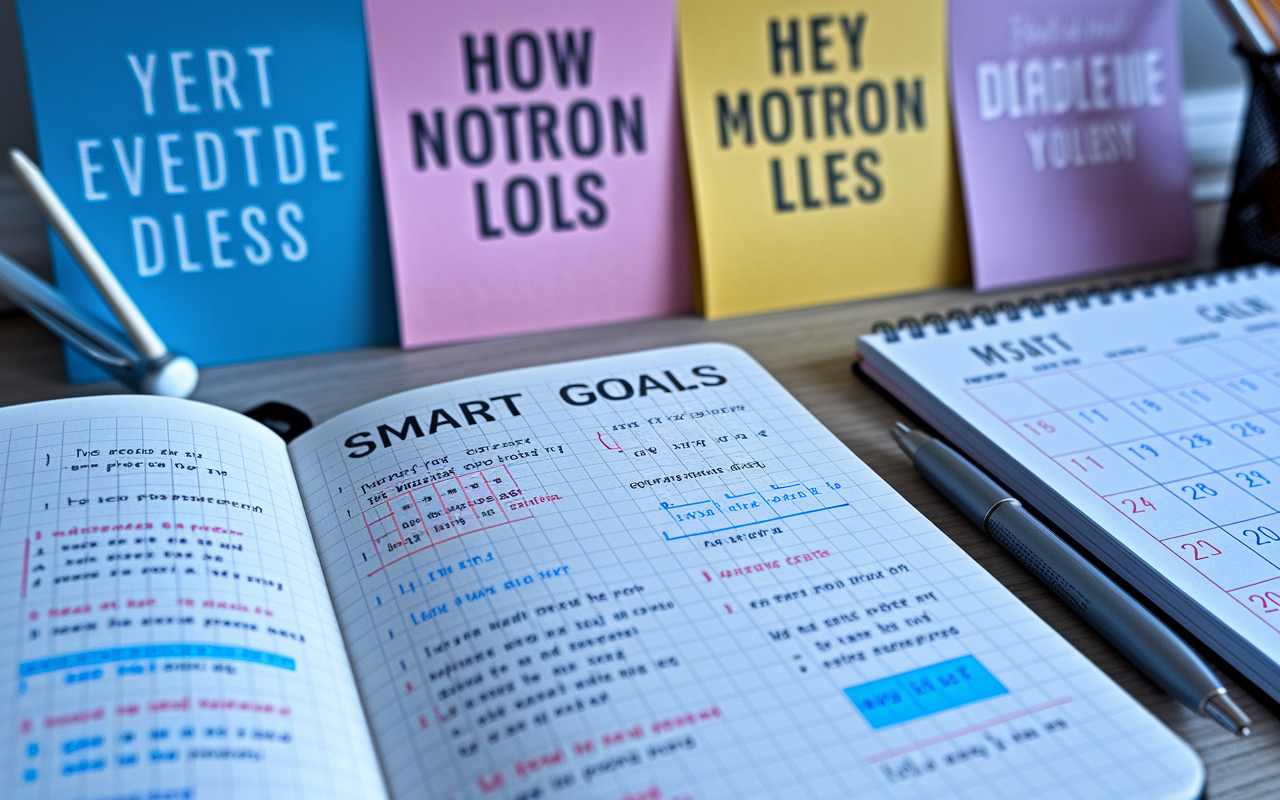 A close-up shot of a notebook open to a page filled with SMART goals for MCAT preparation. The page is filled with neatly written notes, calculations, and drawings that illustrate study objectives. A pen lies beside it, and in the background, motivational posters and a calendar marked with deadlines are visible, creating an inspiring study environment.